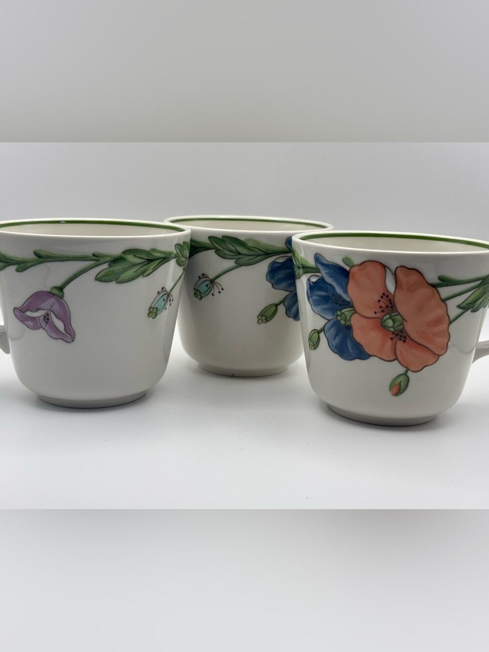 Set of 3 Porcelain Amapola Coffee Cups from Villeroy & Boch, Poppy Flower Mugs